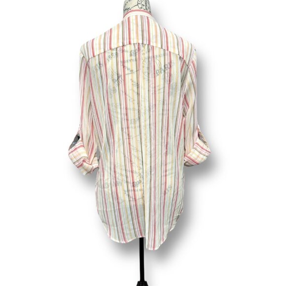 KUT From The Kloth White Striped Chiffon Sheer Roll Tab Sleeve Boho Coastal Sz L - Picture 6 of 9